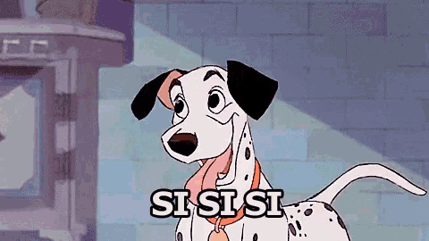 a dalmatian dog from the 101 dalmatians is standing in front of a brick wall and smiling .