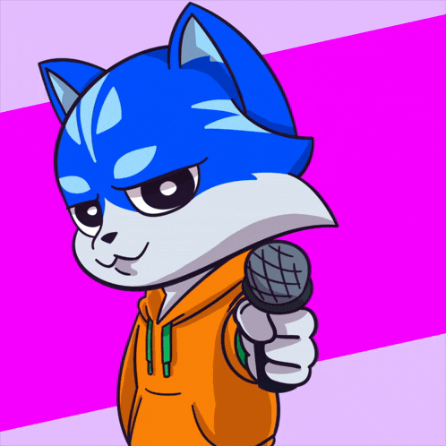 a cartoon of a blue and white cat holding a microphone