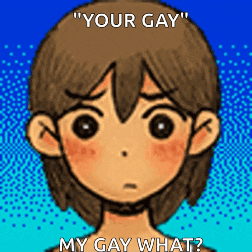 a cartoon of a boy with the words `` your gay '' and `` my gay what '' written on his face .