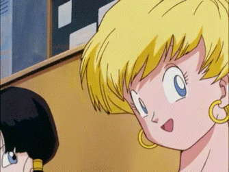 a cartoon girl with blonde hair and blue eyes is standing next to a boy with black hair .