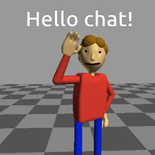 a cartoon character waving with the words hello chat written above him