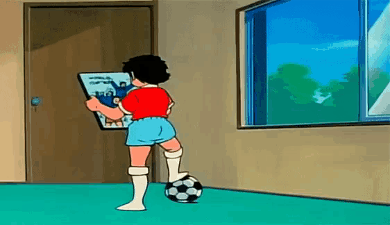 a cartoon character is standing on a soccer ball and holding a magazine