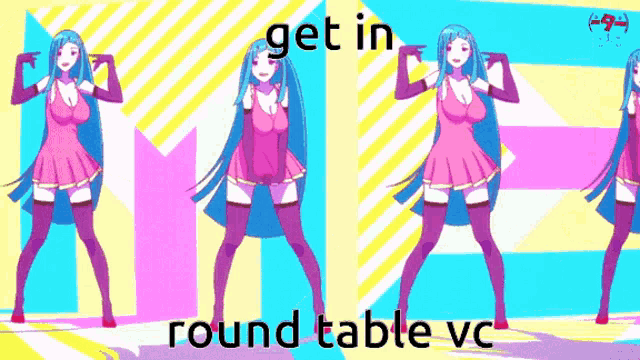 a bunch of girls are dancing with the words get in round table vc
