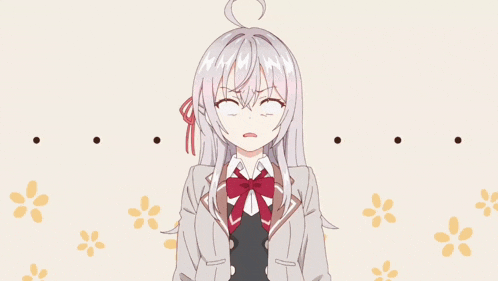 a girl with long white hair is making a funny face with her eyes closed