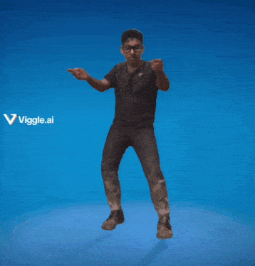 a man is dancing in front of a blue background with the words viggle.ai on it