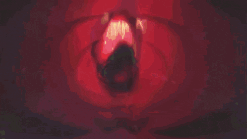 a close up of a person 's mouth with a red object in it .