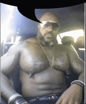 a shirtless man is sitting in a car with a speech bubble above him