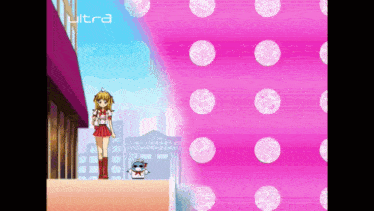 a girl in a red skirt is standing in front of a pink polka dot wall that says ultra on it