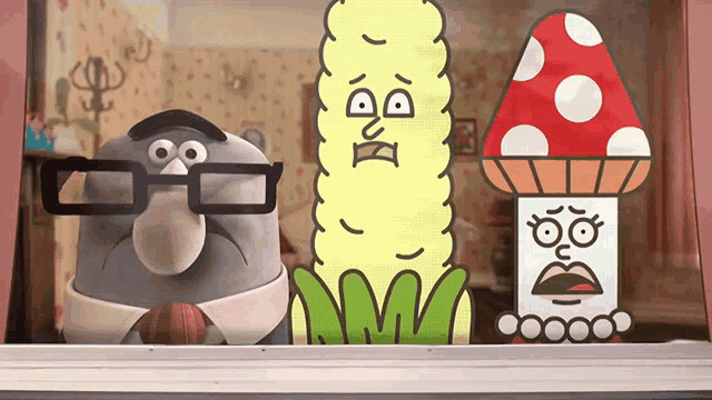 three cartoon characters are looking out of a window including a mushroom