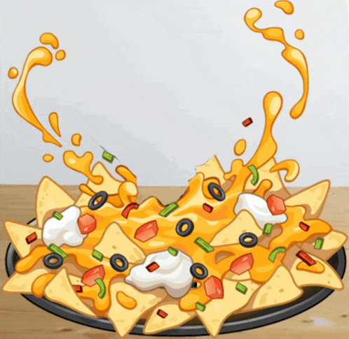 a cartoon of a man eating nachos with cheese and olives