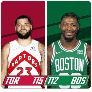 two basketball players from the raptors and the boston celtics are standing next to each other