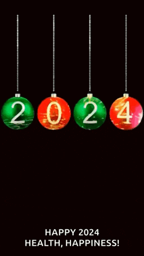 a happy new year 2024 greeting card with christmas balls hanging from strings