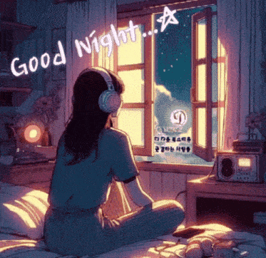 a girl wearing headphones is sitting on a bed and looking out a window with the words good night written on it