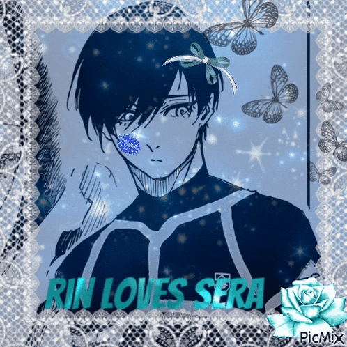 a picture of a boy with the words rin loves sera written on it