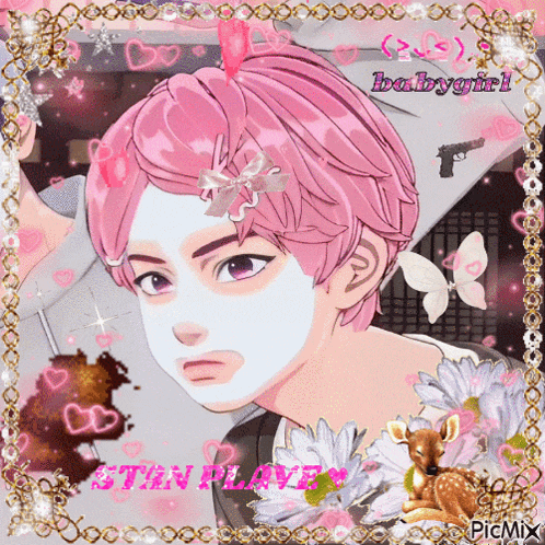 a picture of a girl with pink hair and a mask on her face with the words babygirl written on it