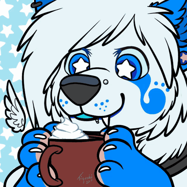 a drawing of a furry animal holding a cup of hot chocolate