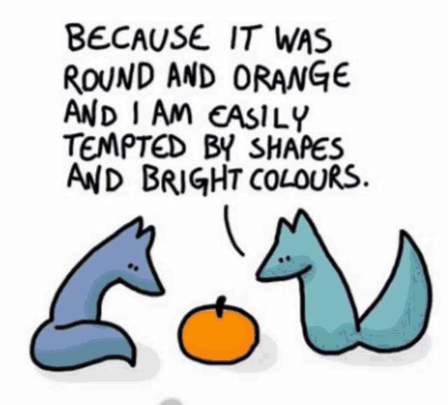 a cartoon of two foxes talking to each other about orange and bright colors