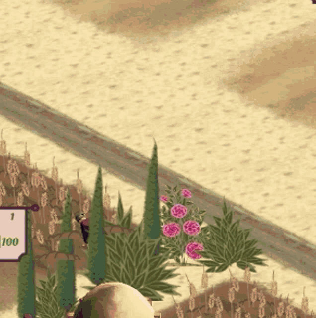 a sign with the number 1 on it hangs on a wall surrounded by trees and flowers