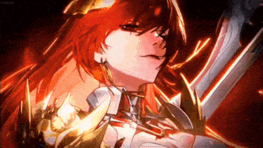 a girl with red hair is holding a sword in her hand