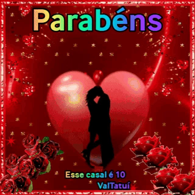 a couple kissing in front of a red heart with the words parabéns