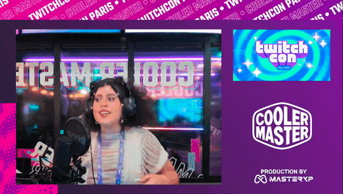 a woman wearing headphones stands in front of a microphone with a cooler master logo in the corner