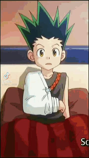 a boy with a broken arm is sitting on a couch .