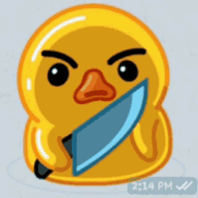 a cartoon duck is holding a knife in its beak