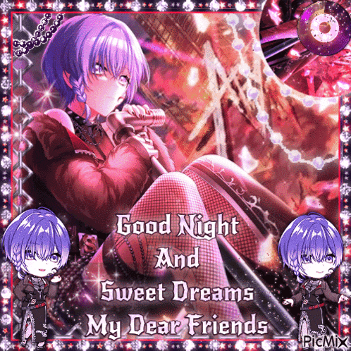 a picture of a girl holding a microphone with the words " good night and sweet dreams my dear friends "
