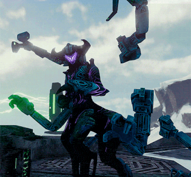 a computer generated image of a monster with horns and a purple eye