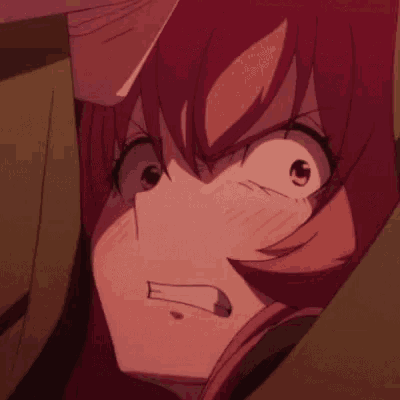 a close up of a red haired anime character making a funny face