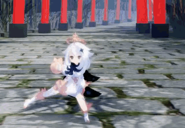 a girl in a white dress is standing on a brick floor in a video game .