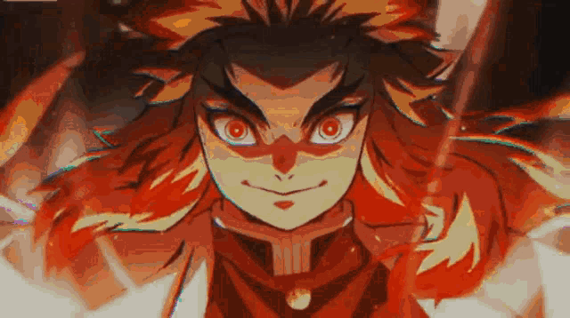 a close up of a cartoon character with red hair and red eyes