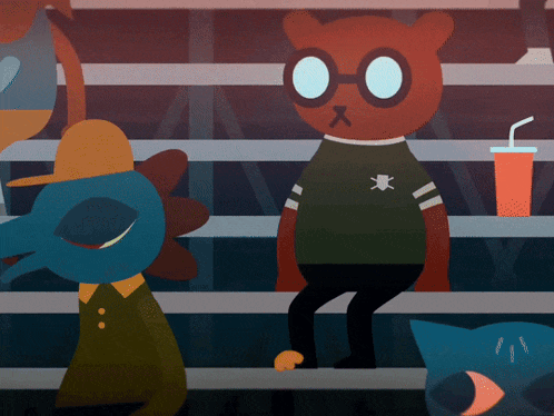 a cartoon drawing of a bear wearing glasses and a shirt with a bug on it