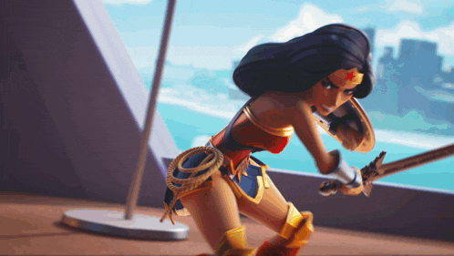 wonder woman is holding a sword and shield