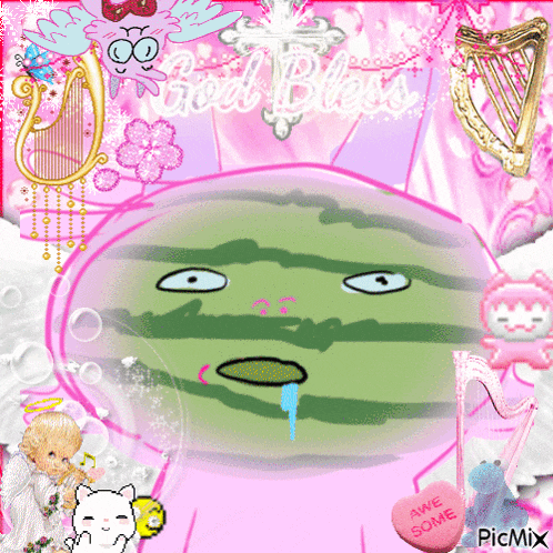 a watermelon with a face and a pink heart that says awesome on it
