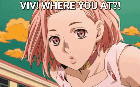 a girl with pink hair is standing in front of a building with the words vivi where you at written above her