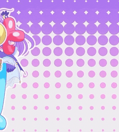 a girl with purple hair and blue boots is holding a red heart shaped object .