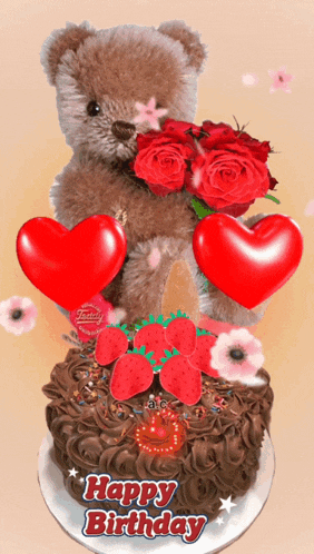 a teddy bear is sitting on top of a birthday cake with hearts and strawberries