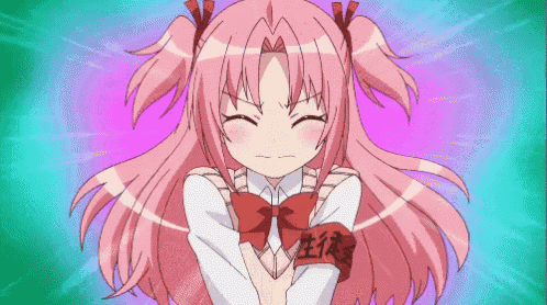 a girl with pink hair has a red ribbon around her shoulder that says ' 生徒 '