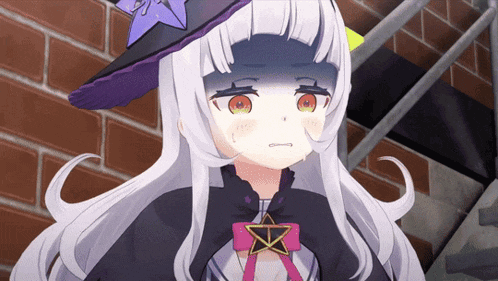 a girl with white hair and a purple hat has a star on her collar