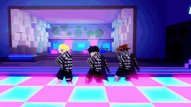 three cartoon characters are dancing in front of a screen that says level 10 girl