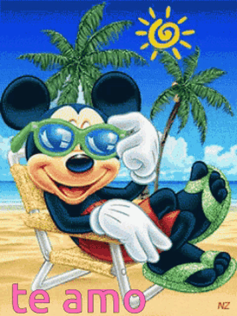 a cartoon of mickey mouse wearing sunglasses on a beach