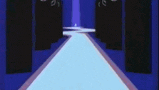 a cartoon of a hallway with a blue carpet and a light coming out of the door .