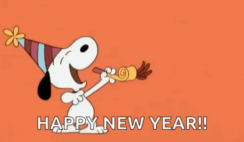 snoopy is wearing a party hat and blowing a party horn and wishing a happy new year .
