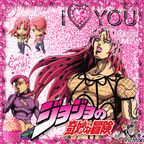 a jojo 's bizarre adventure poster with pink hair