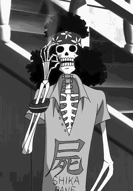 a skeleton wearing a shirt that says shika rane