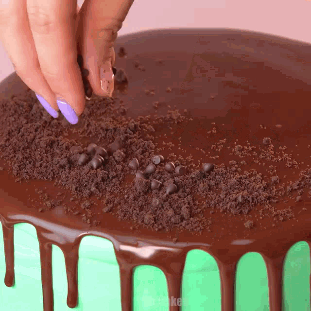 a person is decorating a cake with chocolate and crumbs