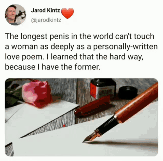 a picture of a fountain pen next to a rose and a quote by jarod kitz