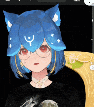 a girl with blue hair and glasses is wearing a black shirt with a picture of the moon on it