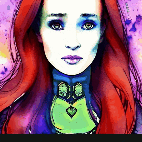 a close up of a woman 's face with red hair